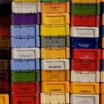 red blue and yellow plastic containers